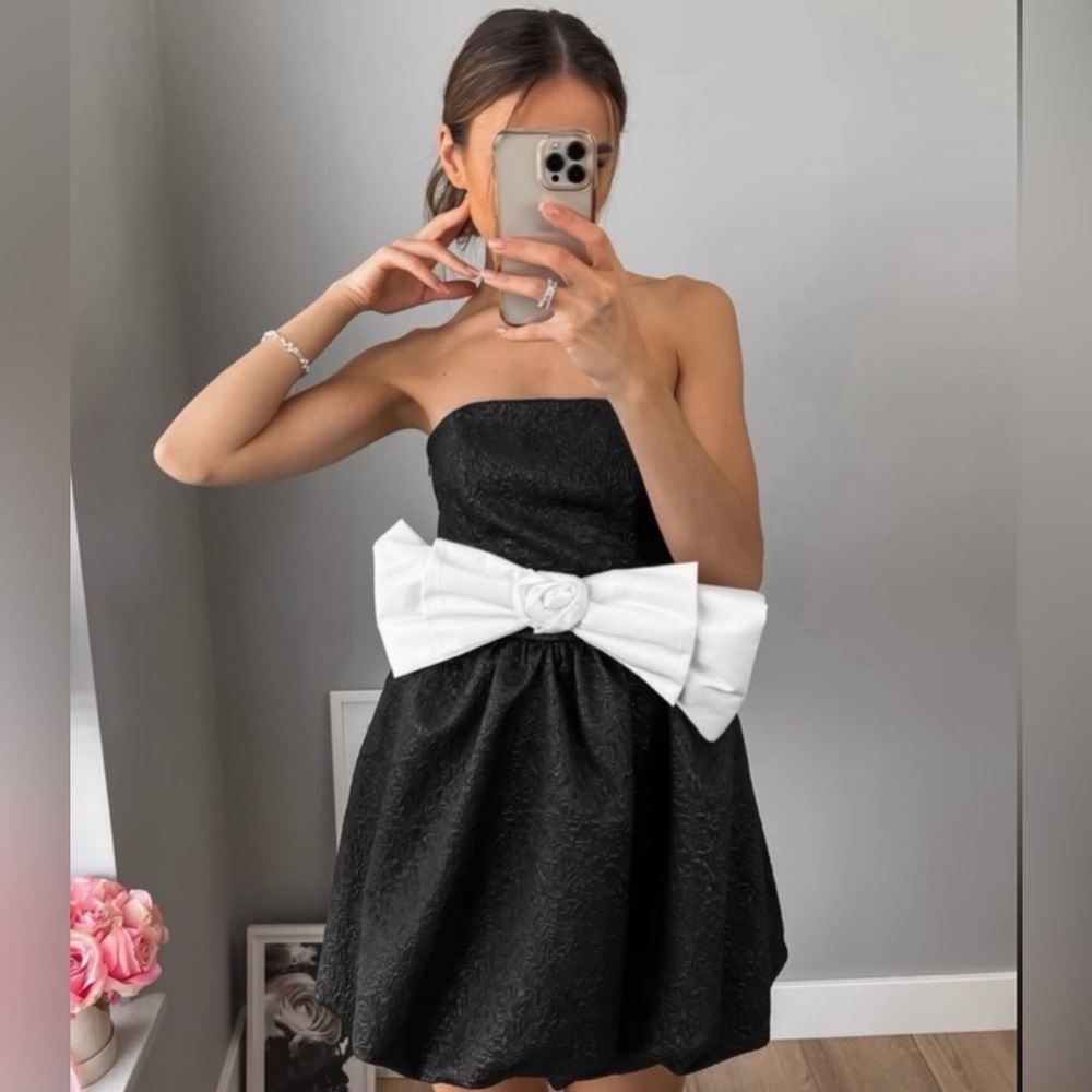 Zara Black Jacquard Dress With Contrast Bow Party Cocktail Night Out Mini